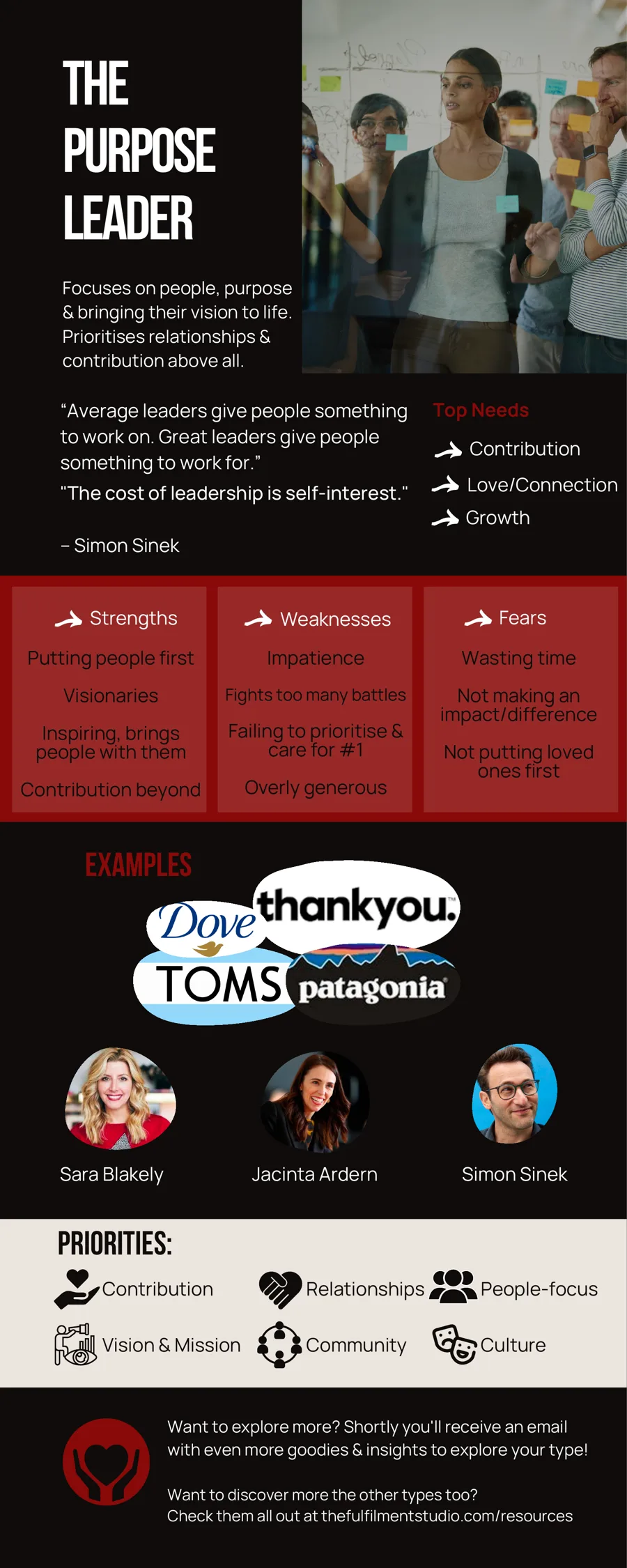 The Purpose Leader one-page summary: top needs, strengths, weaknesses, fears, examples and priorities